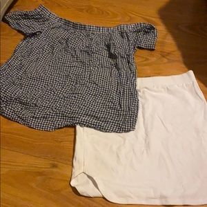 White Skirt and Off the Shoulder gingham Blouse